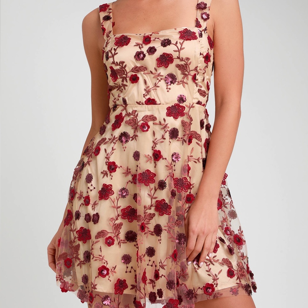 Lulu's Red and Nude Embroidered Floral Midi Skater Dress